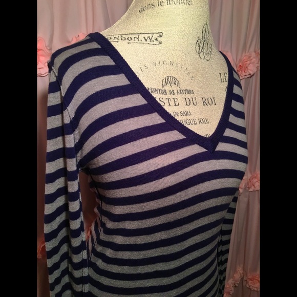 Gray and Navy Blue Striped V- Neck Sweater - Picture 5 of 10